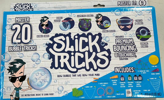 Little Kids Slick Tricks Master It! bubble kit featuring various tools for performing bubble tricks