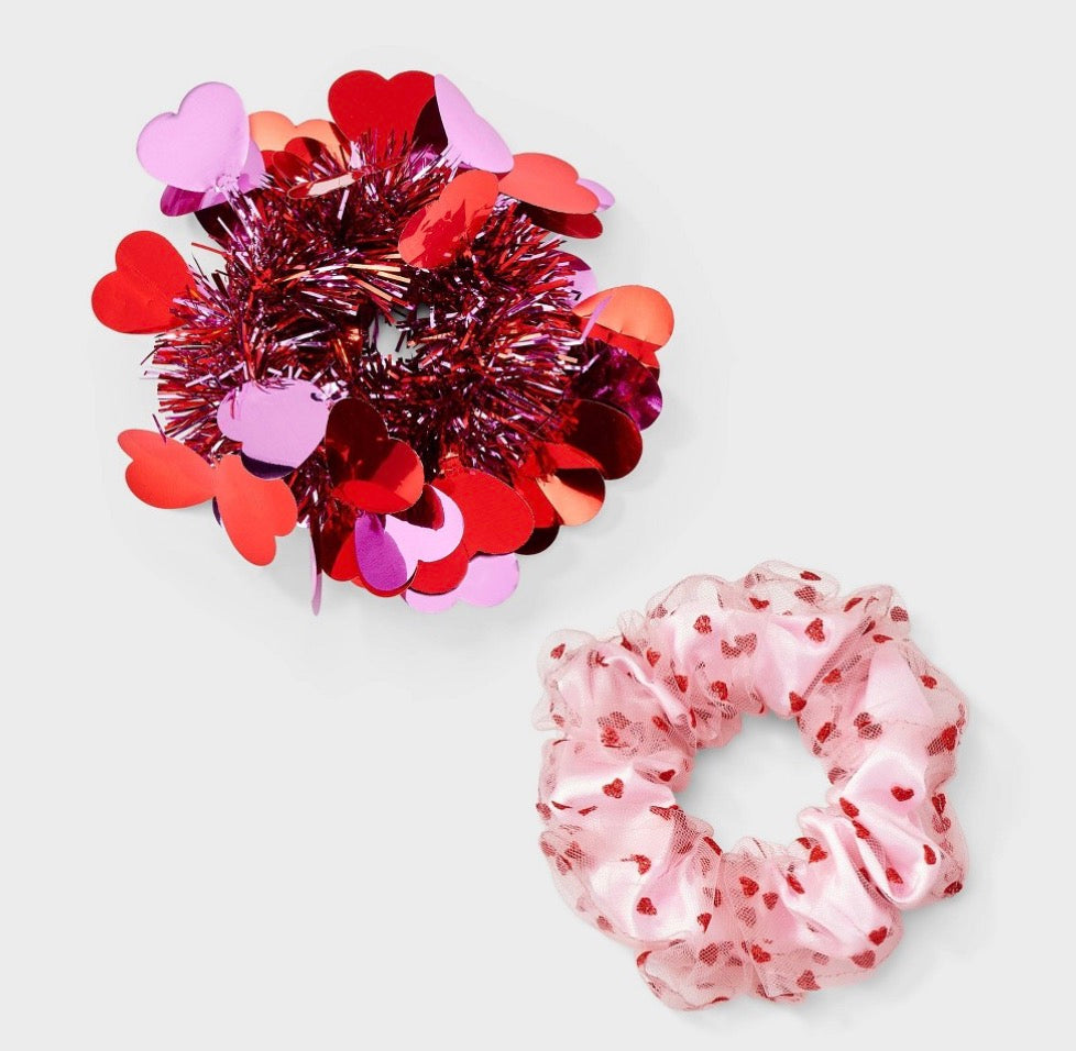 Pink and red heart themed hair scrunchies