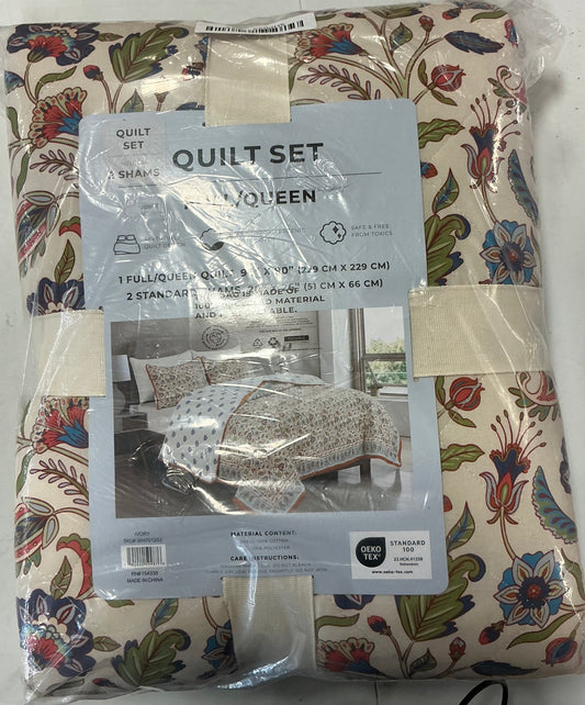 Linery Bordered Boho Floral Cotton Reversible Quilt Set 3 Pieces Full/Queen-Color(Boho Ivory Floral)