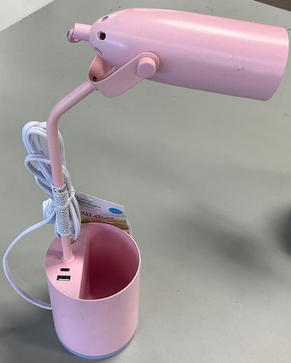 Pink task table lamp with an integrated LED bulb, a pen holder base, and USB charging ports-As Is