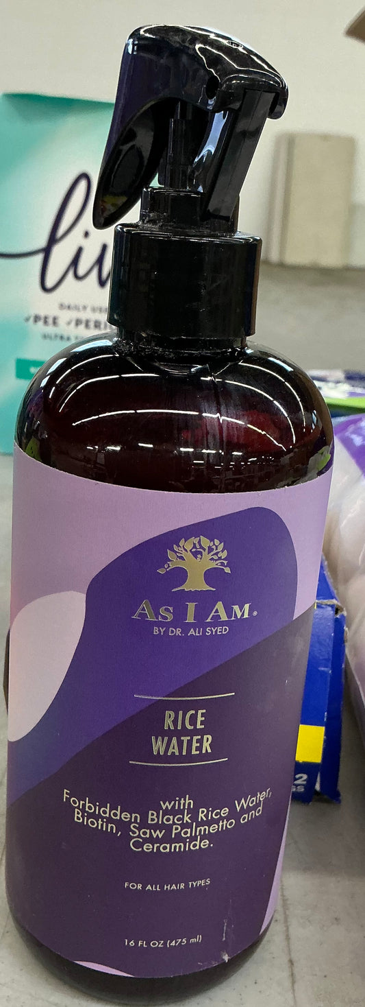 16 oz spray bottle of As I Am Rice Water hair treatment featuring Forbidden Black Rice Water, Biotin, and Saw Palmetto