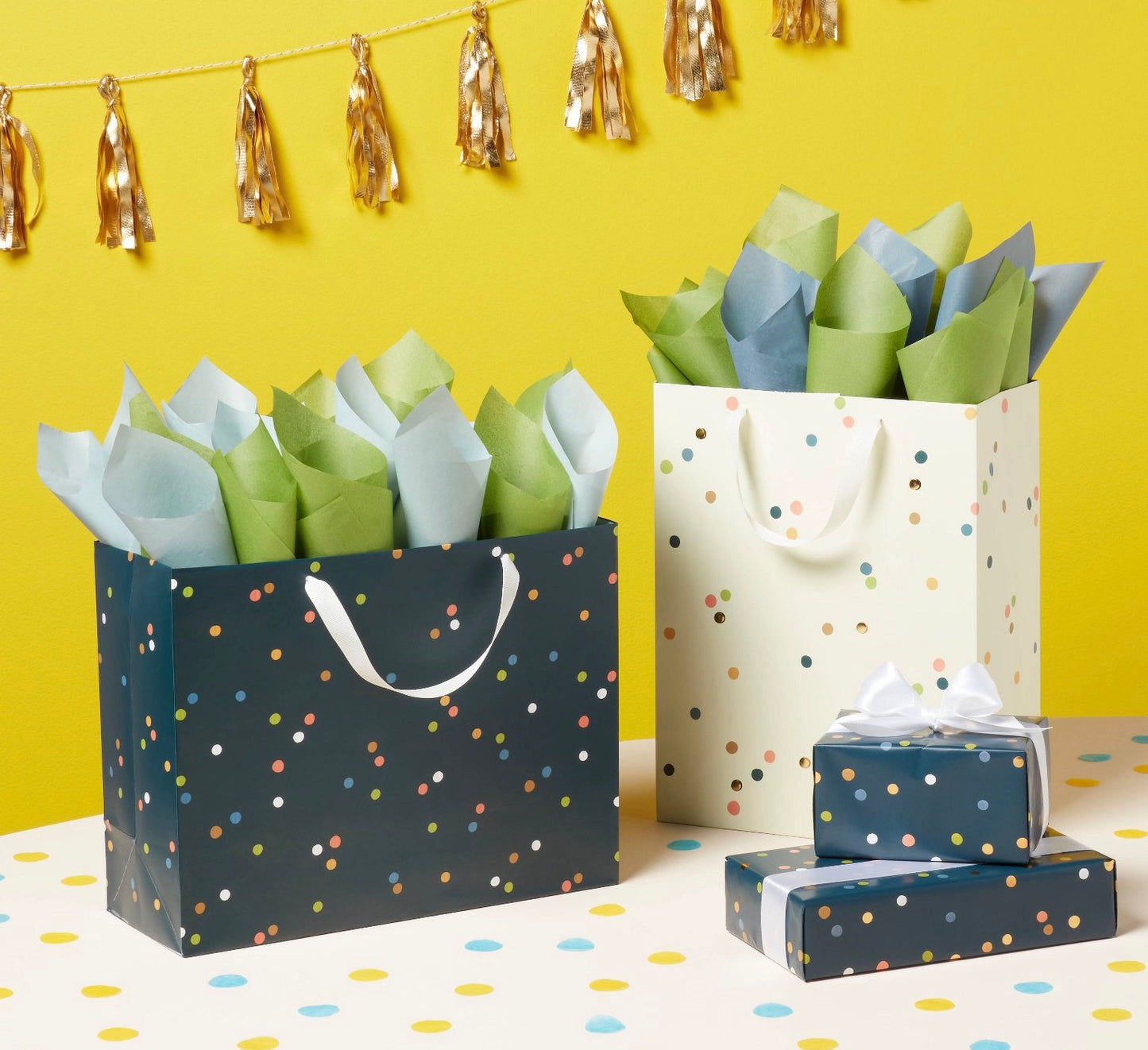 Spritz navy blue wrapping paper with multi-color polka dots