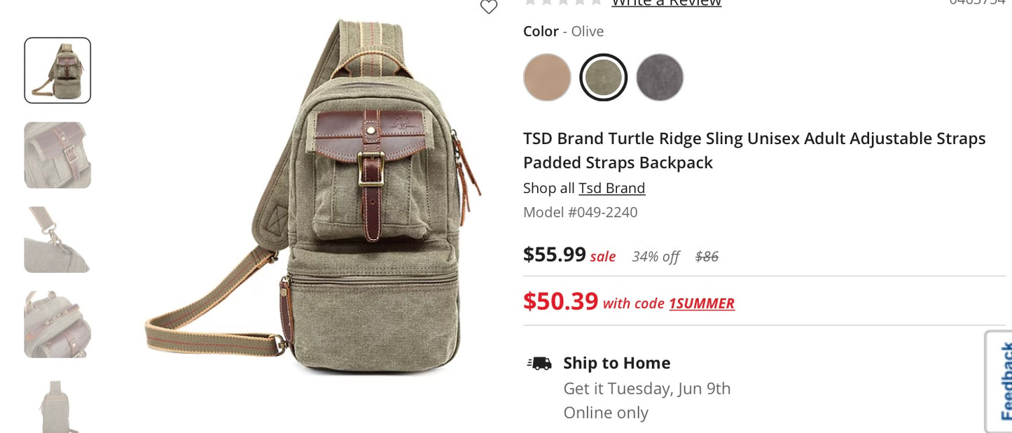 Tsd brand turtle ridge sling unisex adult adjustable straps padded straps backpack