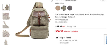 Tsd brand turtle ridge sling unisex adult adjustable straps padded straps backpack