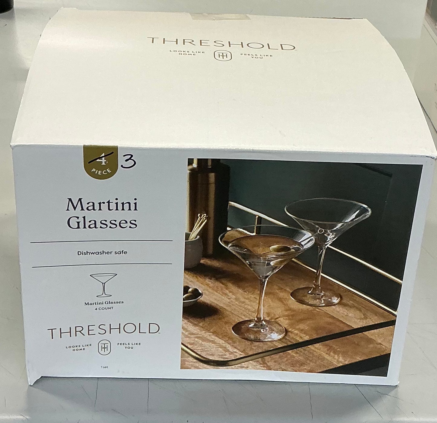 3Pk Entertaining Martini Cocktail Glass Set - Threshold™: Clear Glass, Dishwasher-Safe, 8oz Capacity, Set of 3 - Open Box - Missing 1 Glass (see pictures) - FOR PICKUP ONLY
