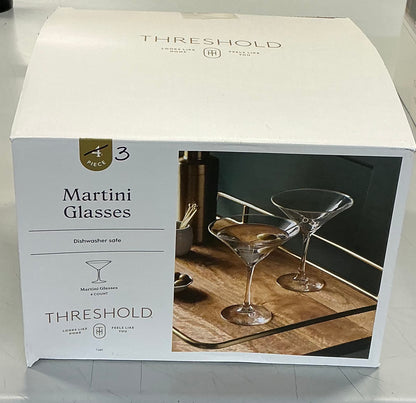 3Pk Entertaining Martini Cocktail Glass Set - Threshold™: Clear Glass, Dishwasher-Safe, 8oz Capacity, Set of 3 - Open Box - Missing 1 Glass (see pictures) - FOR PICKUP ONLY