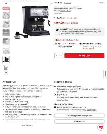 Hamilton Beach® Espresso & Cappuccino Maker