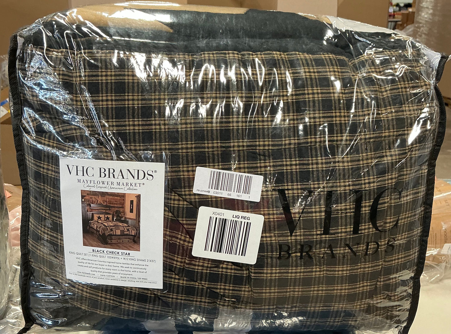 VHC Brands Mayflower Market Black Check Star King Quilt Set 3pcs