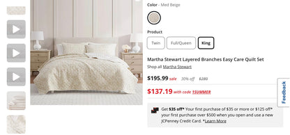 Martha Stewart Layered Branches Easy Care Quilt Set king