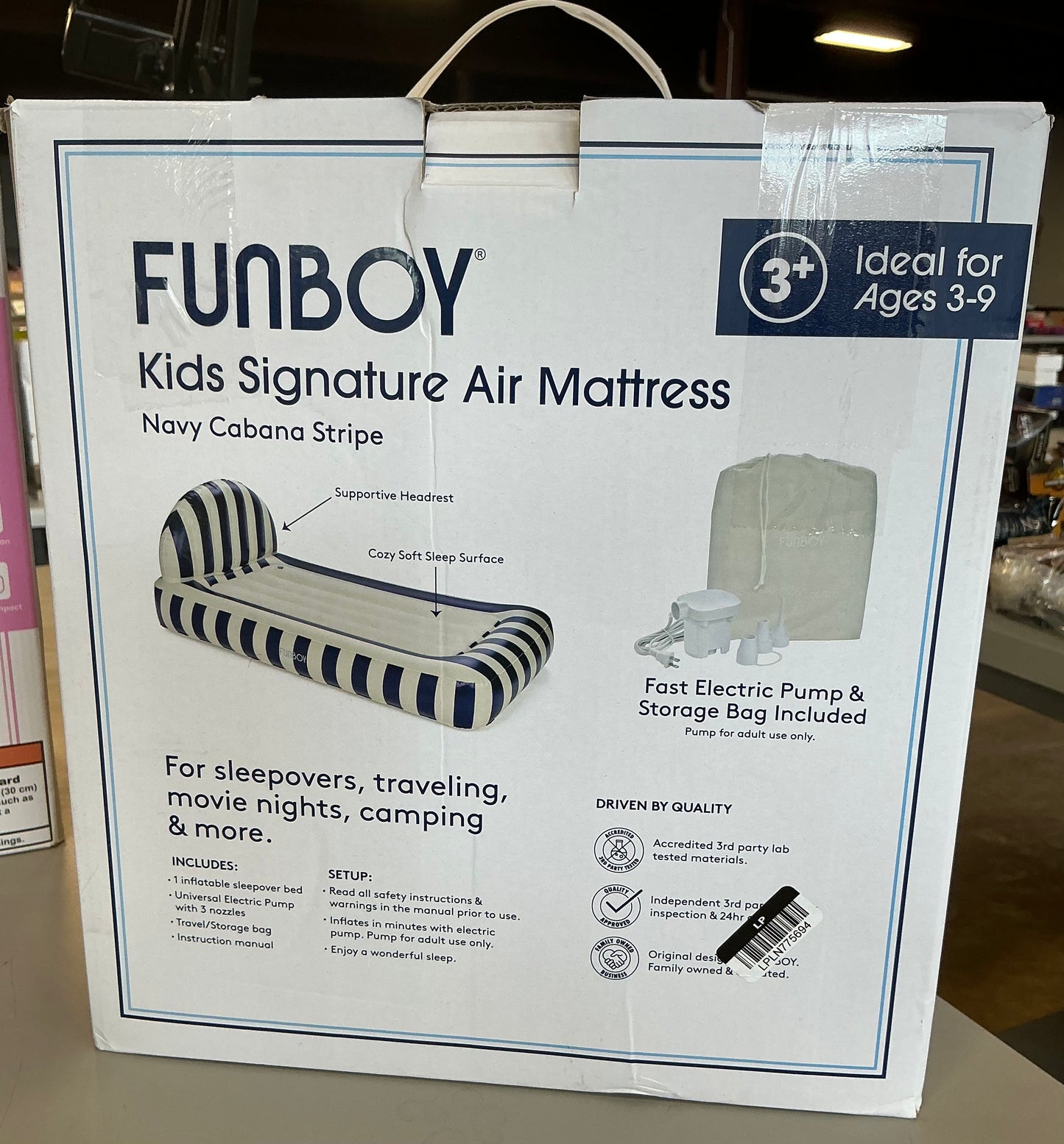 THRIFTY 70 - FUNBOY navy blue stripe 15”H kids’ sleepover twin air mattress bed with electric pump - AS IS - USED - FINAL SALE - NO RETURNS