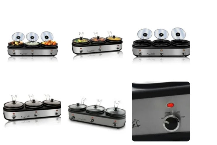 MegaChef Slow Cookers and Buffet Server with 3 Ceramic Cooking Pots and Removable Lid Rests, 2.5 Quart, Brushed Silver & Black
