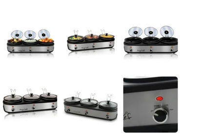 MegaChef Slow Cookers and Buffet Server with 3 Ceramic Cooking Pots and Removable Lid Rests, 2.5 Quart, Brushed Silver & Black
