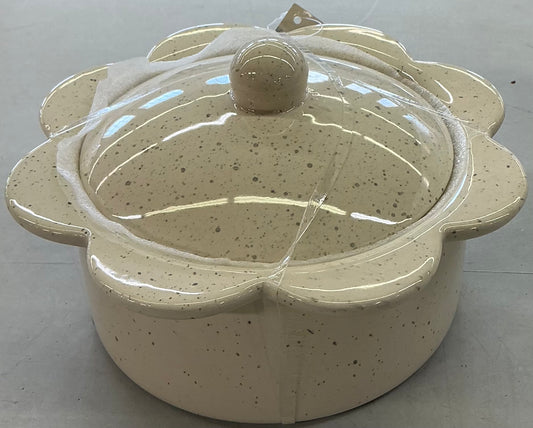Speckled ceramic casserole dish with a flower-shaped lid-As Is(chipped)