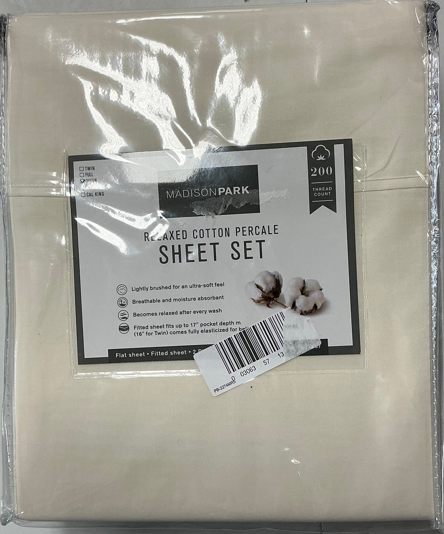 Madison Park Peached Percale Cotton 4 Pieces Sheet Set-Included(1 Flat Sheet, 1 Fitted Sheet and 2 Pillowcases)-Ivory
