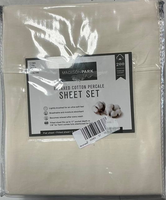 Madison Park Peached Percale Cotton 4 Pieces Sheet Set-Included(1 Flat Sheet, 1 Fitted Sheet and 2 Pillowcases)-Ivory