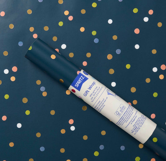 Spritz navy blue wrapping paper with multi-color polka dots
