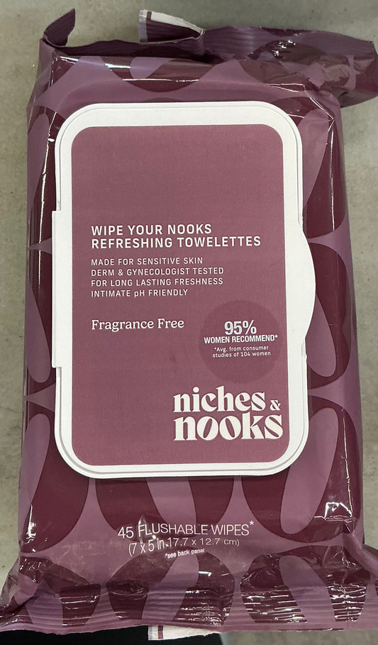 Niches & Nooks Intimate pH Balanced Refreshing Flushable Feminine Wipes, available in a 45-count package