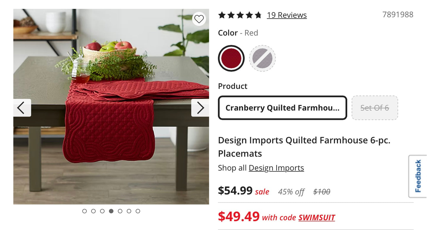 Design Imports Quilted Farmhouse 6 Pieces Placemats 13”x18”-Cranberry Red