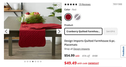 Design Imports Quilted Farmhouse 6 Pieces Placemats 13”x18”-Cranberry Red