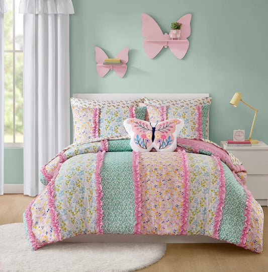 Kids Molly Floral Complete Bedding Set with Sheets Full 7 pieces-Pink