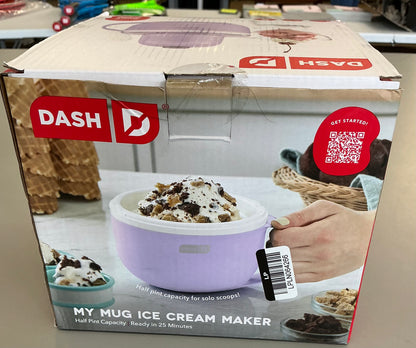 My mug electric ice cream maker multi-purpose soft serve ice cream machine: Dash, 20-min cycle, purple - open box - some minor cosmetic flaws on silver cup