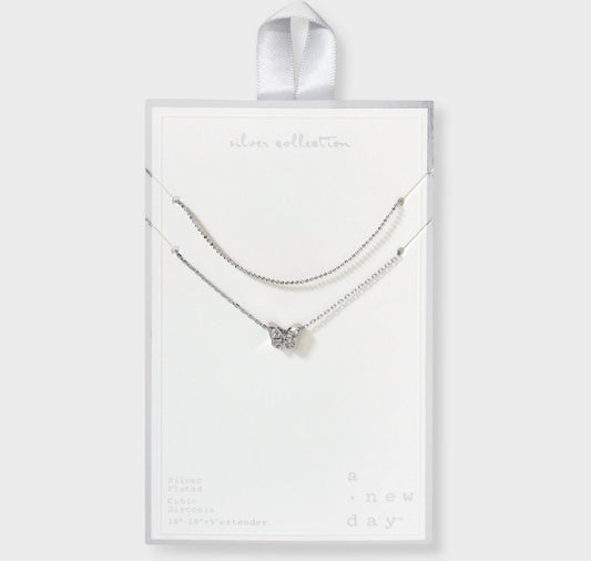 Silver-Plated Sliding Cubic Zirconia Butterfly Multi-Strand Necklace