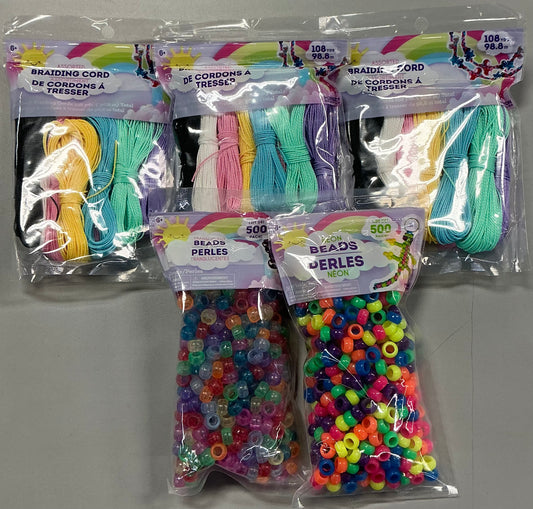 Arts and crafts bundle deal 5 packs-(3 packs braiding cord 108 yards each),(1 pack translucent beads 500 pcs) and (1 pack neon beads 500 pcs)
