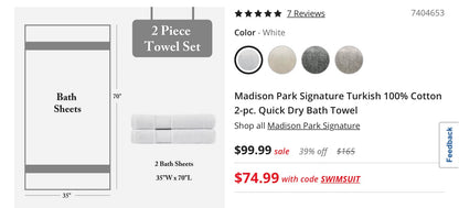 Madison Park Signature Turkish 100% Cotton 2 Pieces Quick Dry Bath Towel-White