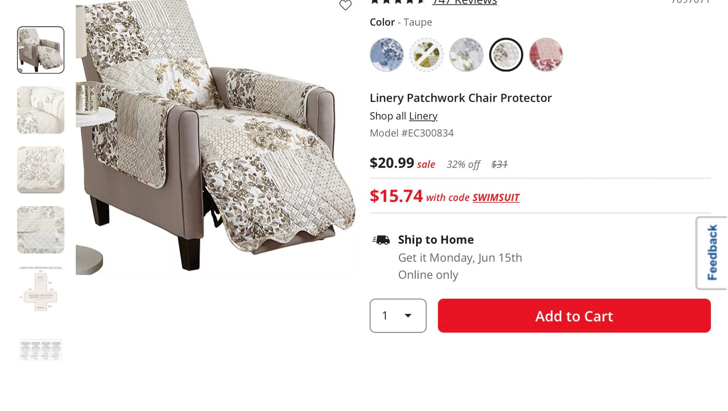 Linery Patchwork Recliner Protector 79 in x 68 in