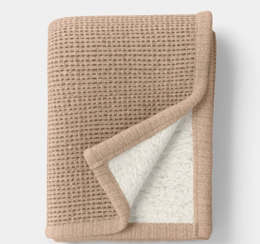Chenille knit throw blanket with faux shearling reverse tan 50x60”