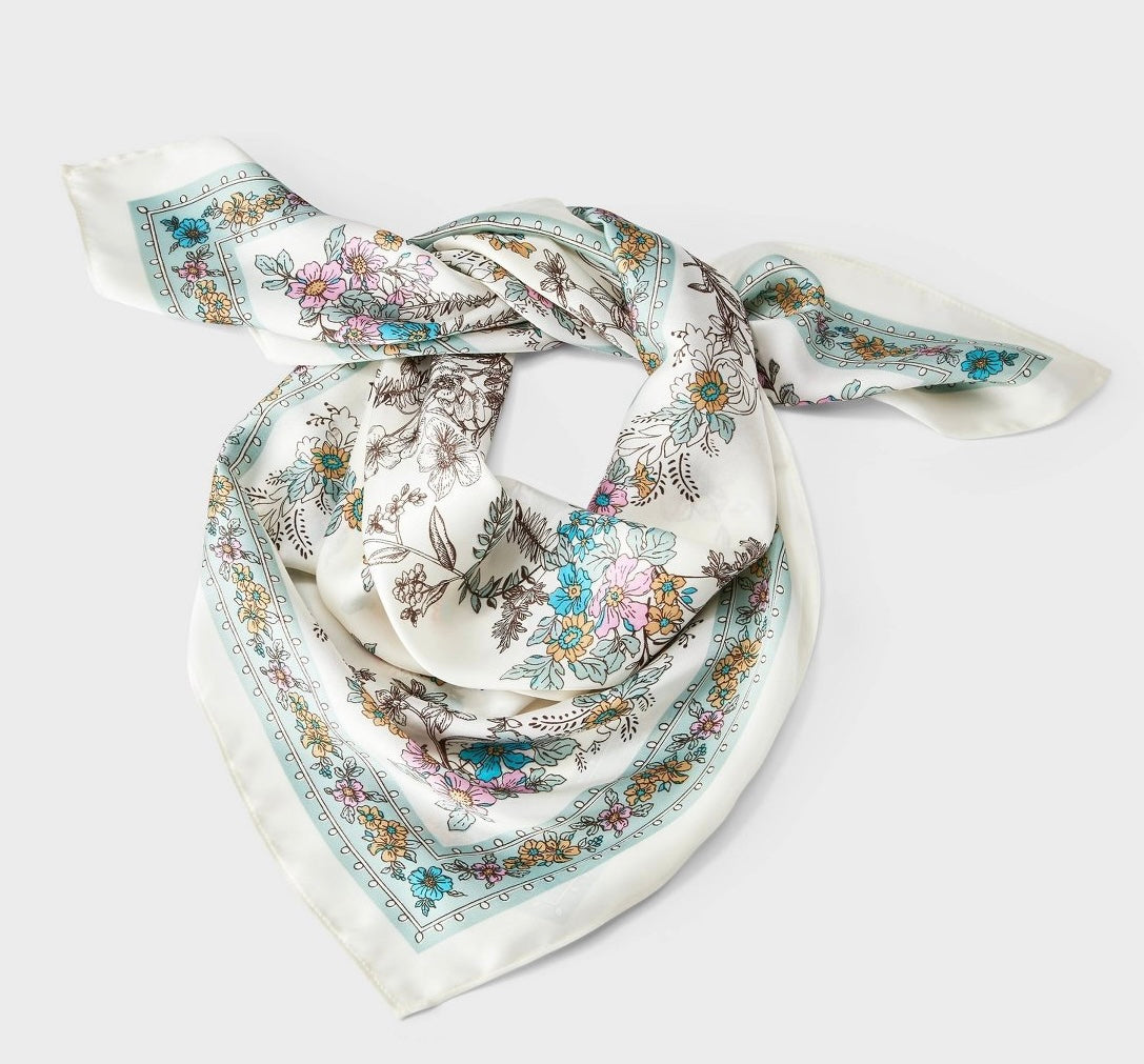 White floral print square bandana scarf-29in x 29in