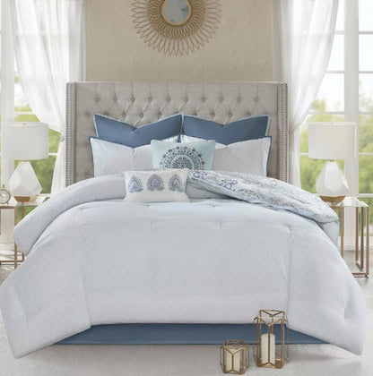 Madison Park Loleta 8 Pieces Midweight Reversible Comforter Set Queen-Blue