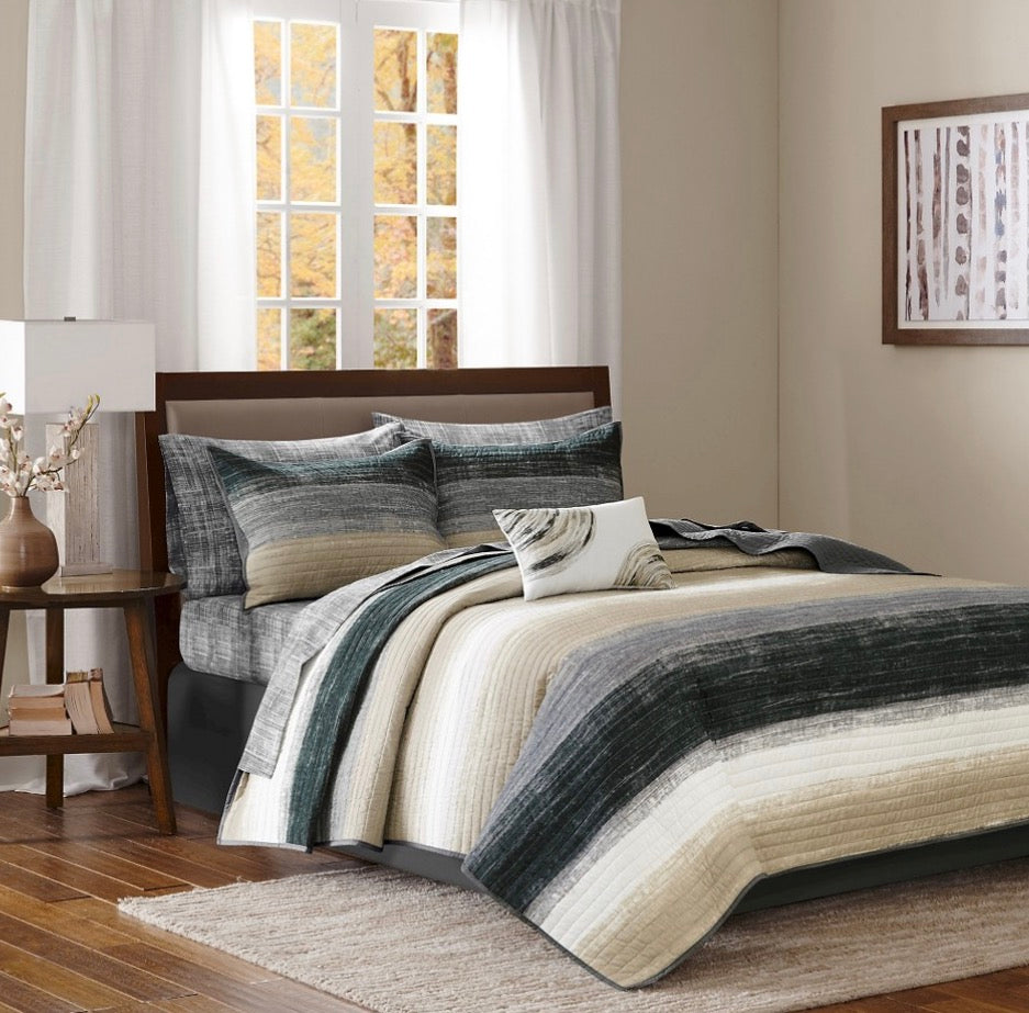 Madison Park Essentials Barret 8 Pieces Quilt Set with Cotton Bed Sheets Full-Included(1 Quilt,1 Flat Sheet,1 Fitted Sheet,2 Shams,2 Pillowcases and 1 Decorative Pillow)-Taupe