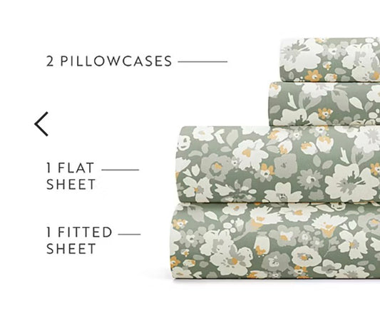 Casual Comfort Floral Dream Patterned 4 Pieces Sheet Set Queen-Color(Eucalyptus)