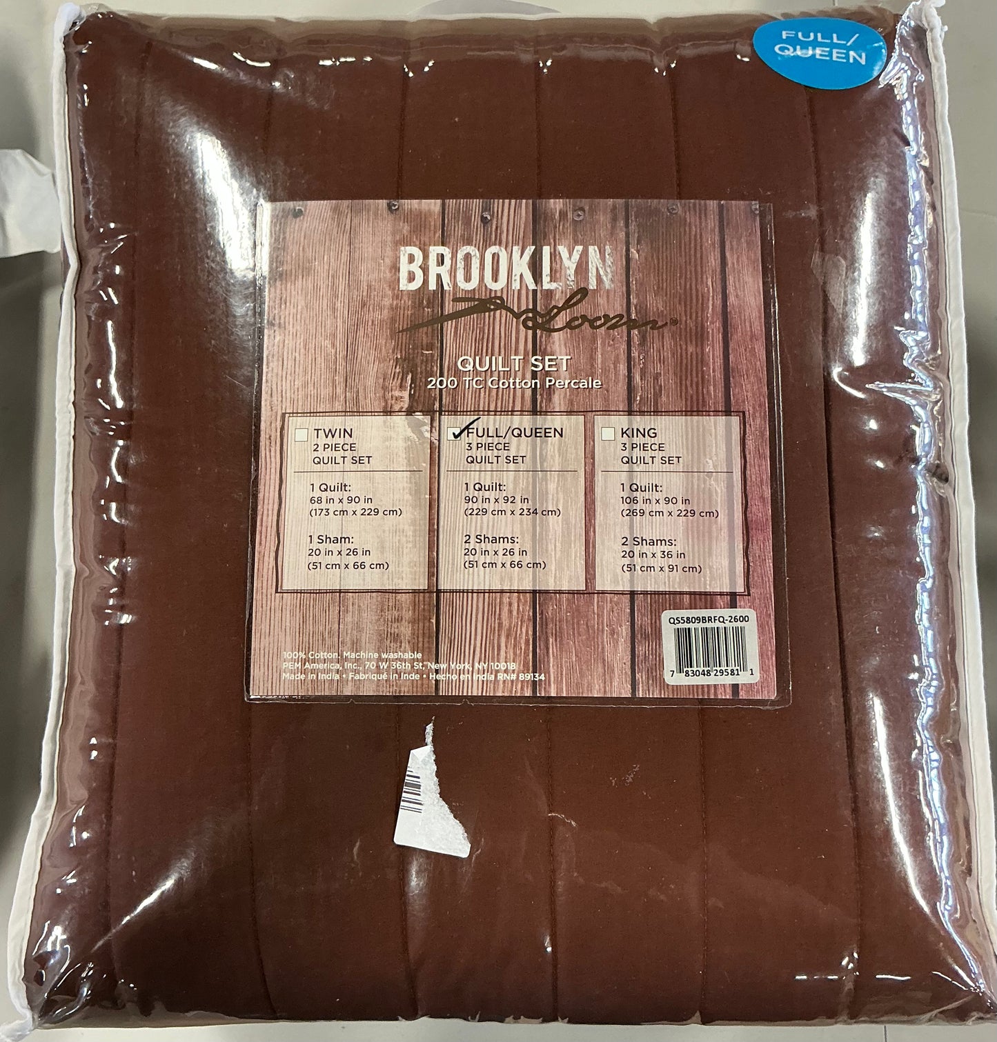 Brooklyn Loom 3-piece Full/Queen solid cotton percale quilt set-Brown