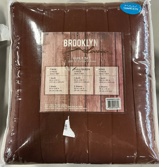 Brooklyn Loom 3-piece Full/Queen solid cotton percale quilt set-Brown
