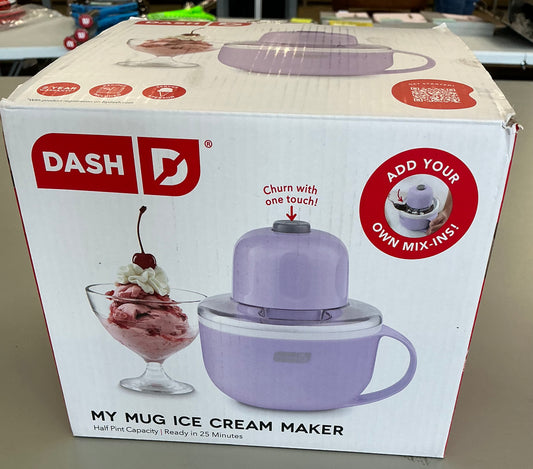 My mug electric ice cream maker multi-purpose soft serve ice cream machine: Dash, 20-min cycle, purple - open box - some minor cosmetic flaws on silver cup