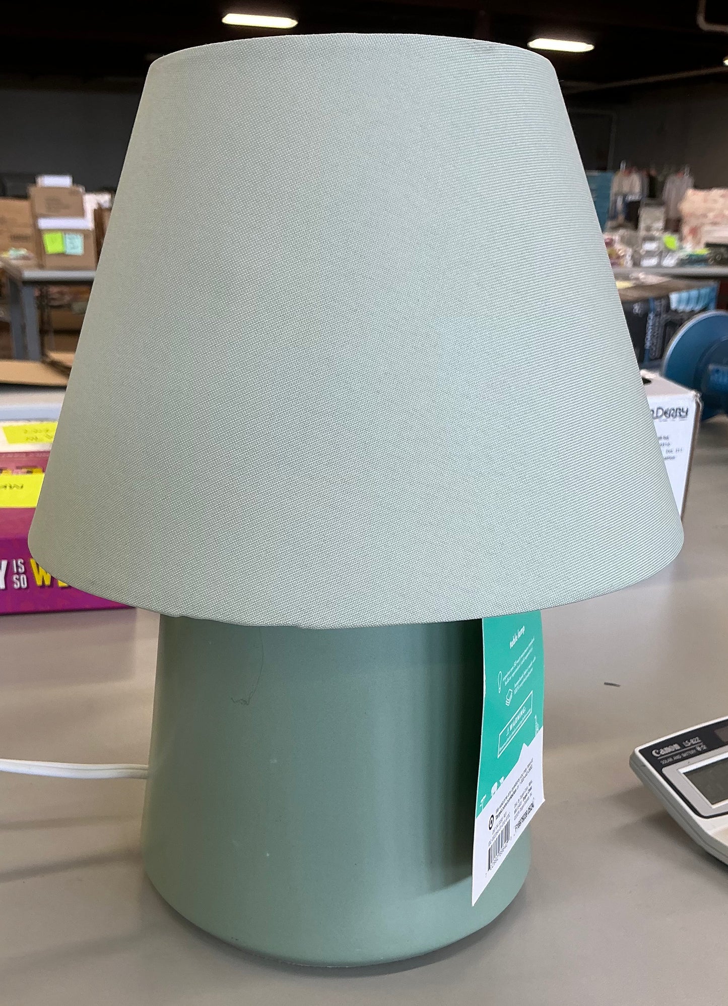 Mini kids’ table lamp green: ceramic accent, drum shade, ETL listed, 60W max, inline switch - SOME COSMETIC FLAWS