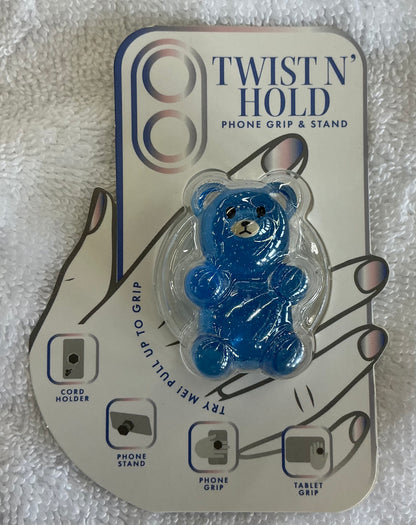 Twist N' Hold branded phone grip featuring a blue gummy bear