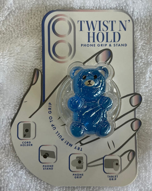 Twist N' Hold branded phone grip featuring a blue gummy bear