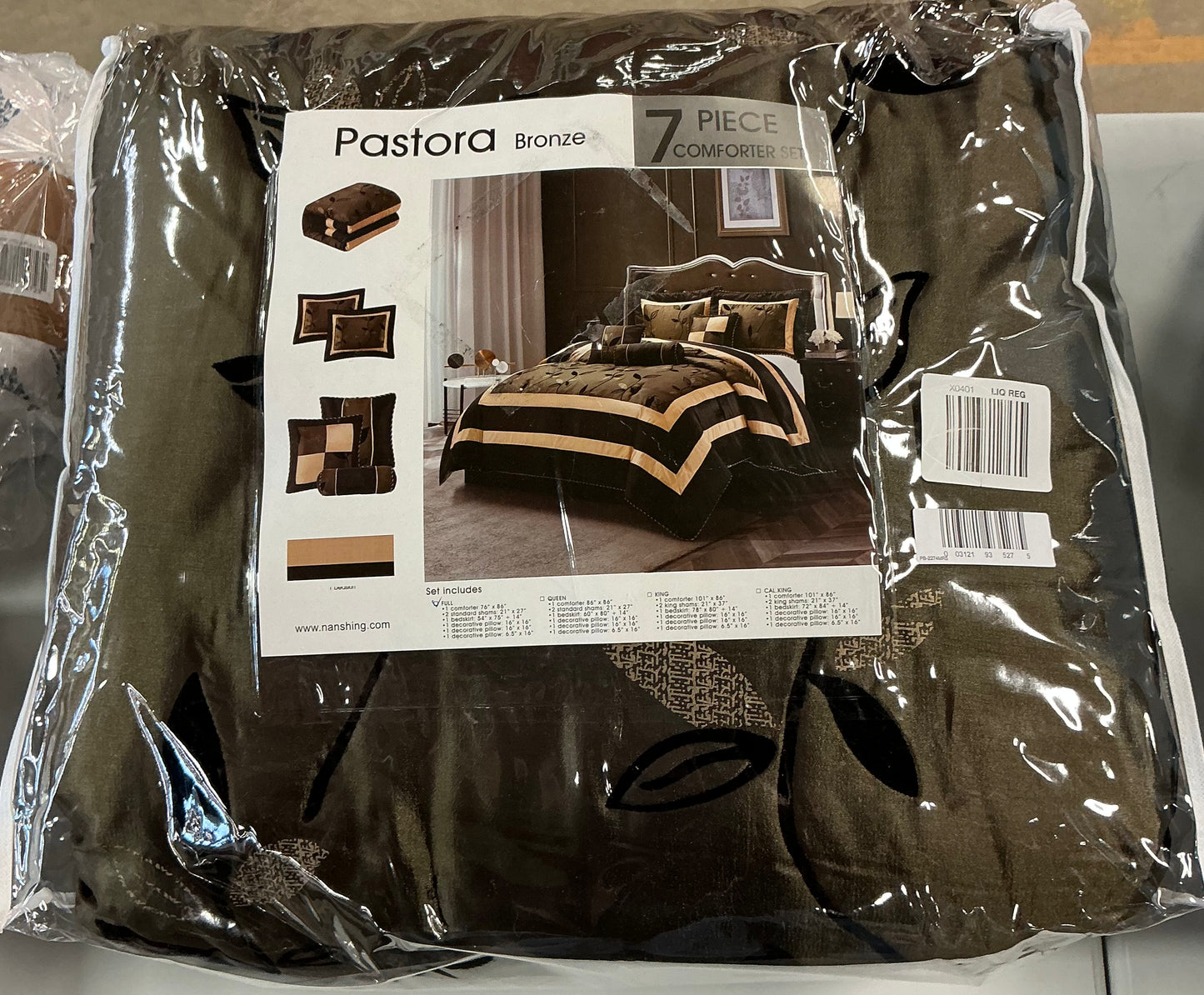 Pastora Full 7-Piece Comforter Set in Bronze featuring a flocked leaf pattern