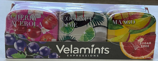 Velamints Expressions Sugar-Free Breath Mints (candy), a 9-count variety pack containing Cherry Acerola, Coconut Lime, and Mango flavors best by 03/2026