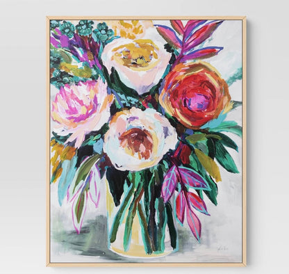 24”x30” colorful floral framed canvas natural - AS IS - COSMETIC FLAWS - PICK UP ONLY