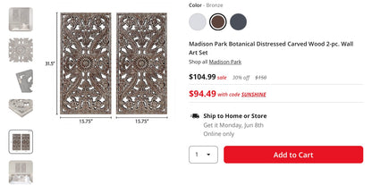 Madison Park Botanical Distressed Carved Wood 2-pc. Wall Art Set