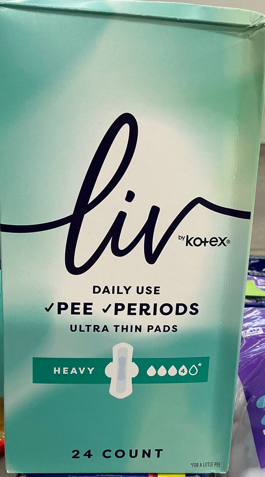 24-count box of Liv by Kotex Daily Use Ultra Thin Pads designed for both pee and periods.
