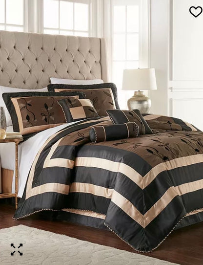 Pastora Full 7-Piece Comforter Set in Bronze featuring a flocked leaf pattern
