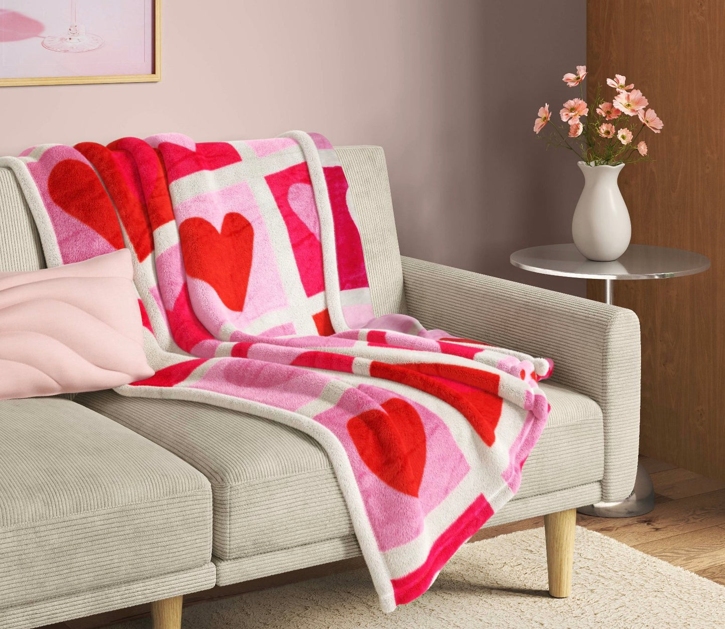 Valentine's Day heart check printed plush throw blanket in pink, red and white