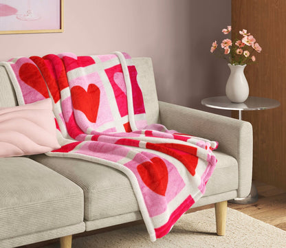 Valentine's Day heart check printed plush throw blanket in pink, red and white