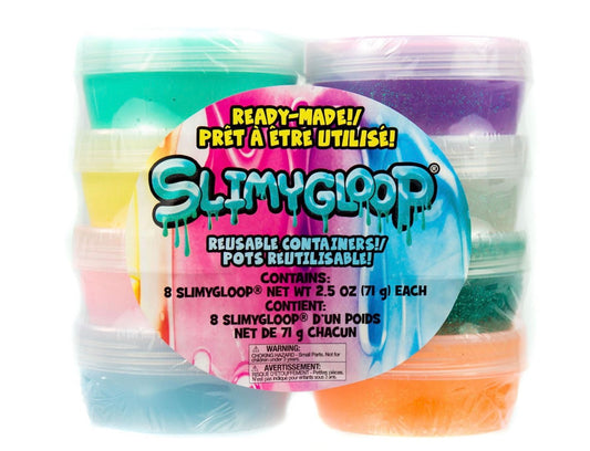 Slimygloop Ready-Made! reusable containers in 2.5 oz sizes.The set includes 8 individual jars