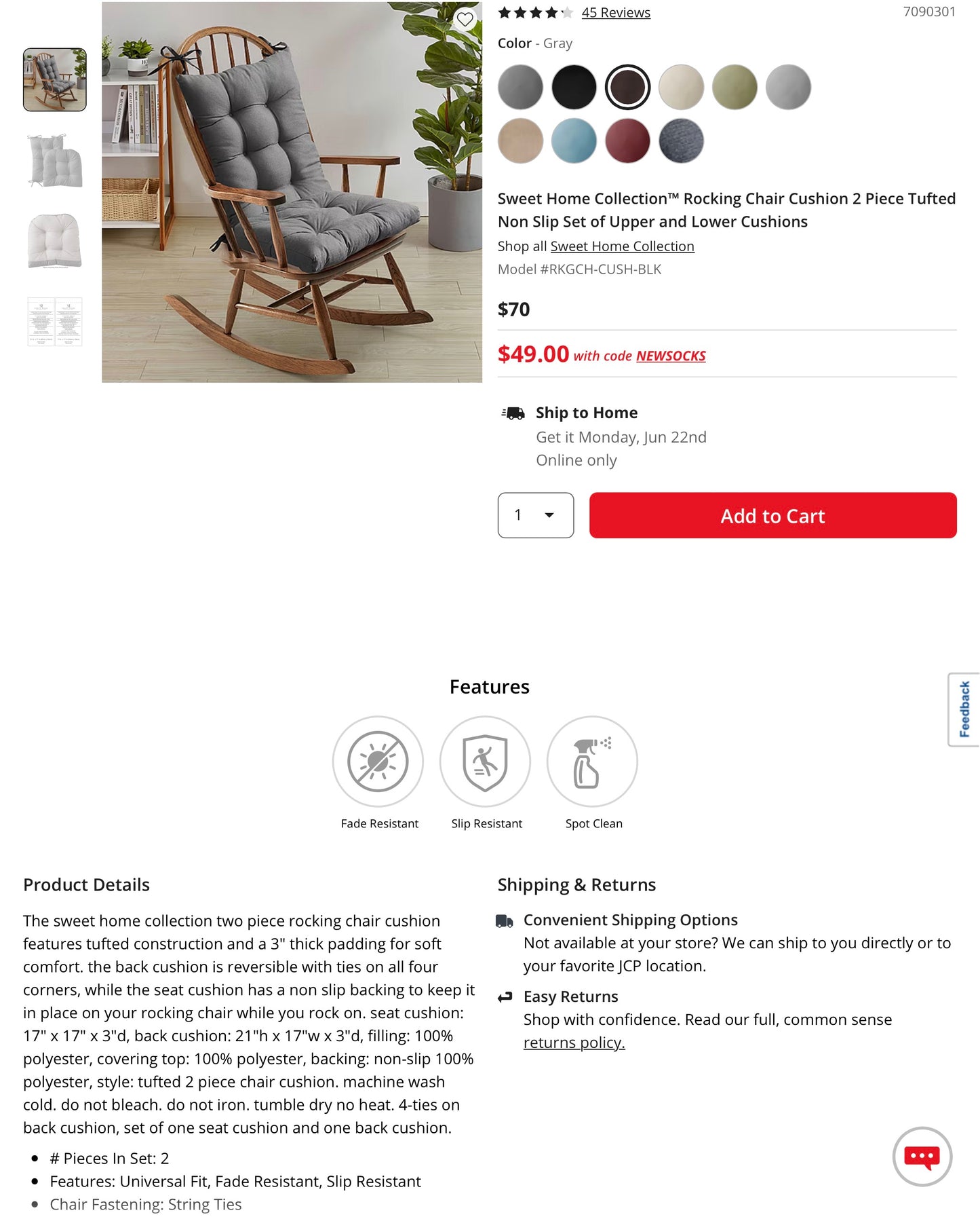 Sweet Home Collection™ Rocking Chair Cushion 2 Piece Tufted Non Slip Set of Upper and Lower Cushions